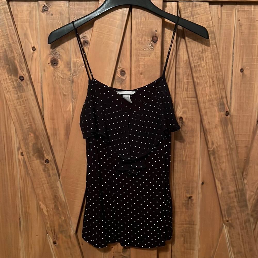 Polka dot black camisole with sheer ruffle trim